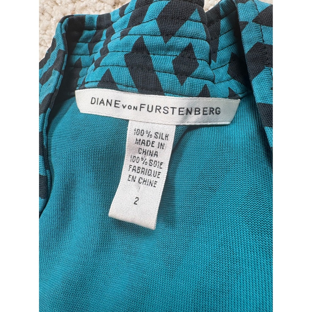 Diane von Furstenberg Tessa Wrap Dress Womens 2 Teal Geometric Silk Jersey - Picture 5 of 14